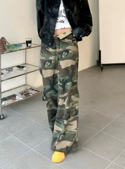 Camouflage Flanging Low Waist Straight Pants