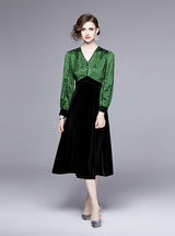 Retro Long-sleeved Printed V-neck Beaded Velvet Dress