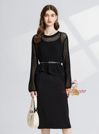 Hollow Long Sleeve Knitwear+Sling Dress