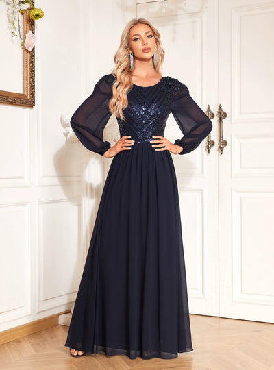 Navy Blue Chiffon Long Sleeve Prom Dress