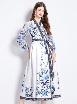 V-neck Ethnic Long-sleeved Printed Long Dress