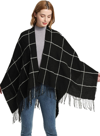 Large Plaid Fringed Split Shawl