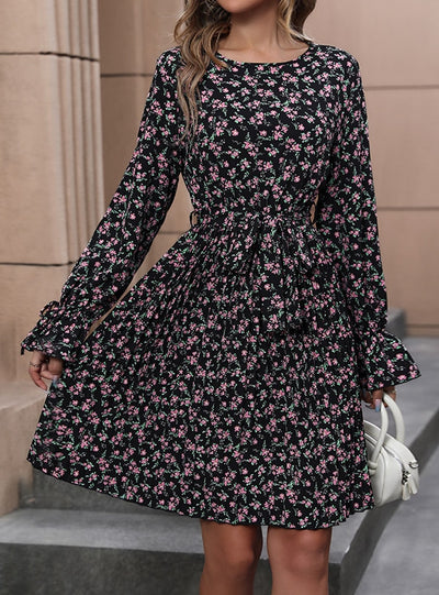 Printed Round Neck Long Sleeve Dress