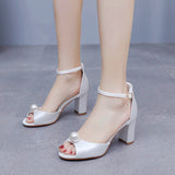 7 cm Thick-heeled Round Head Pearl Sandals