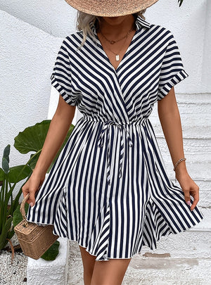 Women Lapel Striped Shirt Dress