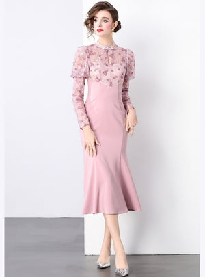 Silm Waist Long Sleeve Lace Party Dress