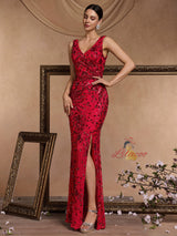 Red Mermaid Sequins V-neck Prom Dress