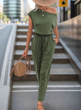 Slanted Shoulder Solid Color Jumpsuit Pants