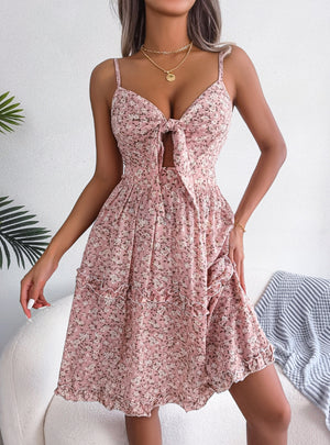 Floral Bow V-neck Big Swing Dress