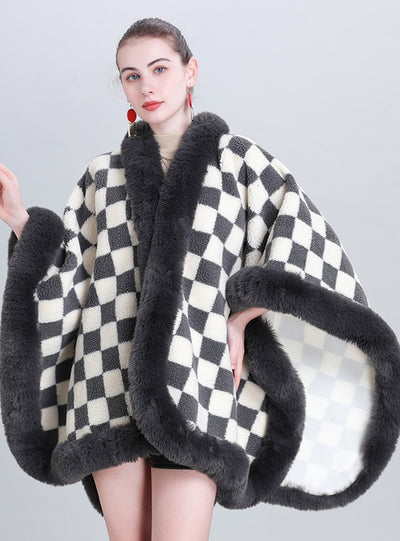 Thickened Plaid Fur Collar Cloak Shawl