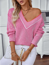 Casual Pullover Loose V-neck Striped Sweater