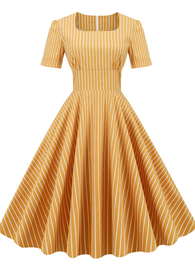 Retro Square Collar Striped Slim Dress