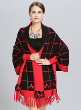 Plaid Tassel Long Knit Cardigan Shawl