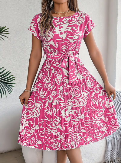 Flower Short-sleeved Pleated Dress