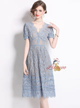 Retro Lace High Waist Single-breasted V-neck Dress