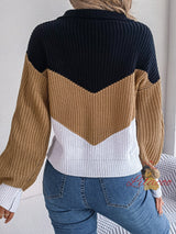 Leisure Lapel Contrast Color Long Sleeve Sweater