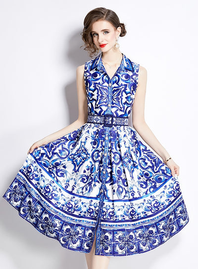 Retro Printed Slim Lapel Sleeveless Dress