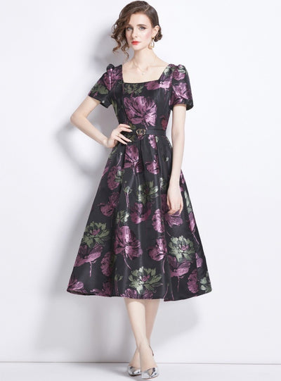 Purple Square Collar Jacquard Dress