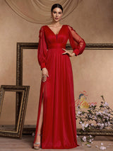 Long Sleeve Slit V-neck Prom Dress