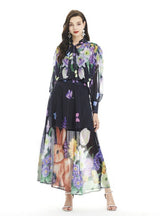 Printed Long Skirt Lotus Leaf Collar Suit