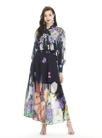 Printed Long Skirt Lotus Leaf Collar Suit