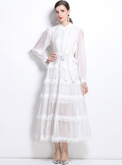 Women Lace Long Sleeve Button Dress