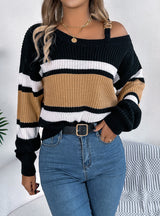 Casual Contrast Striped Metal Button Sweater