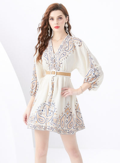 Palace Lantern Sleeve Printed Short Mini Dress