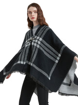 Black and White Plaid Leather Buckle Split Shawl