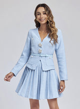 V-neck Pearl Brooch Coat+High Waist Skirt Suit