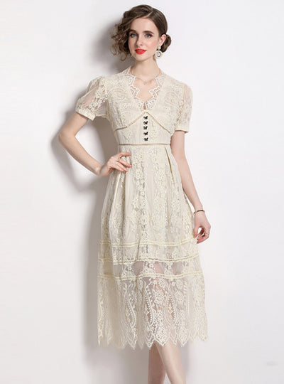 Retro Bubble Sleeve Lace Dress