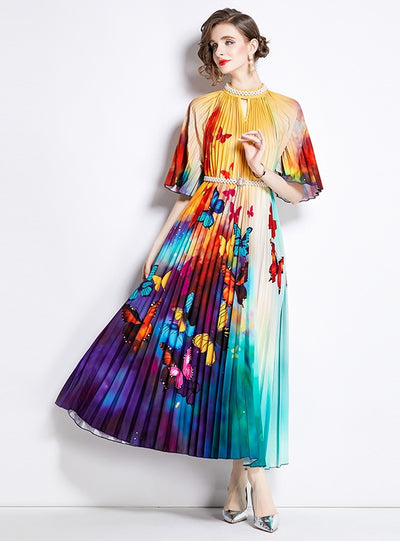 Wrinkled Short-sleeved Beaded Gradient Print dress