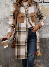 Women Long Sleeve Plaid Shirt Coat