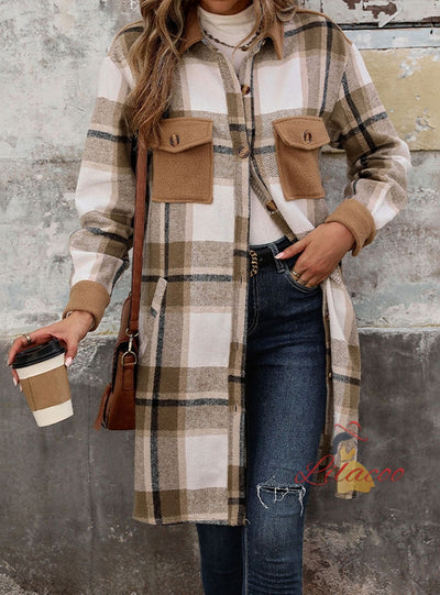 Women Long Sleeve Plaid Shirt Coat