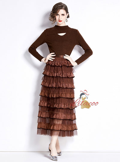 Long Sleeve Round Neck Knit Top+Skirt Two Pieces Suit