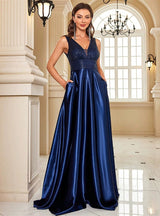 Deep V-neck Satin Sequins Prom Dress