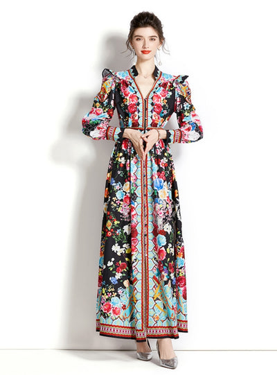 Long-sleeved Lantern Sleeve Printing Dress