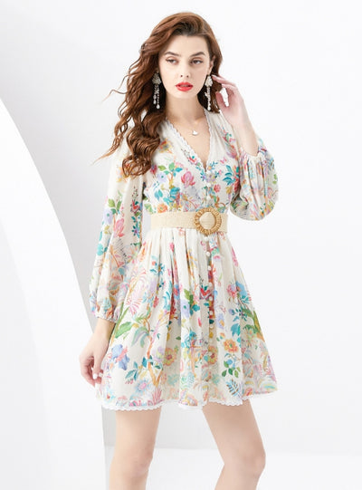 Lace V-neck Lantern Sleeve Pleated Printed Short Dress