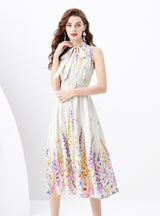 Ribbon Sleeveless Retro Print Dress