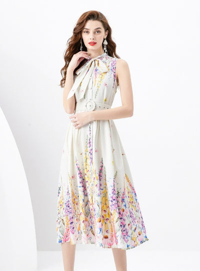 Ribbon Sleeveless Retro Print Dress