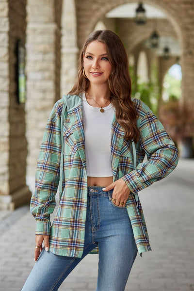 Ladies Casual Hoodie Plaid Shirt