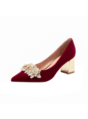 Red Thick Heels Beads Wedding Shoes