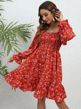 Floral Long-sleeved Mid-length Dress