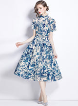 Retro Blue and White Ink Print Short Sleeve Slim Dress