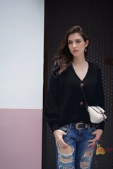 Solid Color Button V-neck Loose Sweater