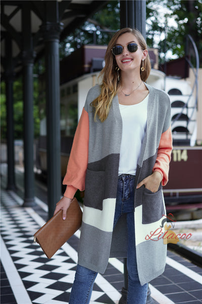 Spliced Striped Knit Cardigan Long Loose Sweater