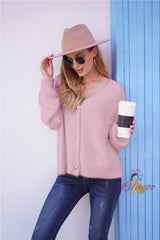 Loose Solid Color Button V-neck Sweater