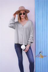 Loose Solid Color Button V-neck Sweater