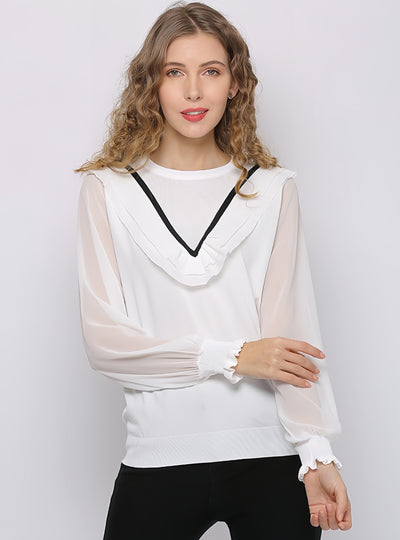 Lotus Leaf Long Sleeve Stitching Contrast Shirt