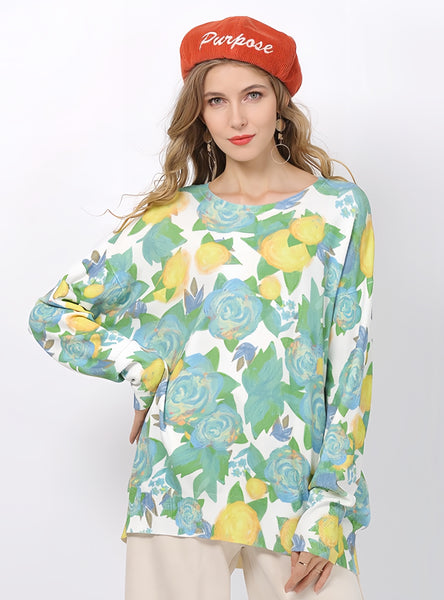 Rose Printed Round Neck Loose Sweater